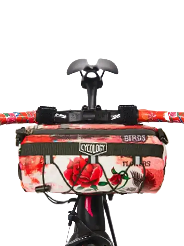 Cycology floral bike handlebar bag with red roses, birds, and flowers design for cycling gear