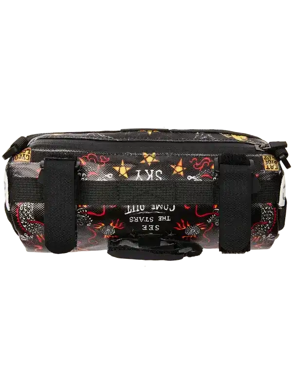 Black cycling frame bag with star and flame print, adjustable straps, and bold text design