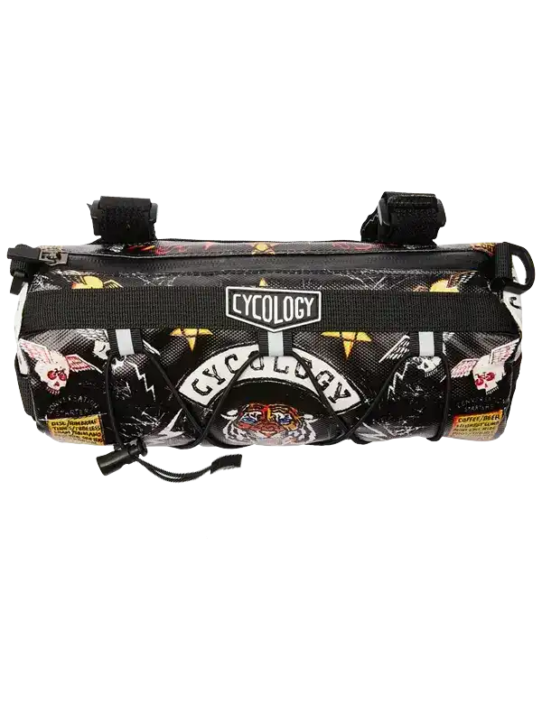 Cycology bike frame bag with skull and tiger print, black straps, and bold graphics for cycling gear