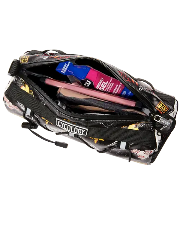 Black and white patterned bike bag with visible branding 