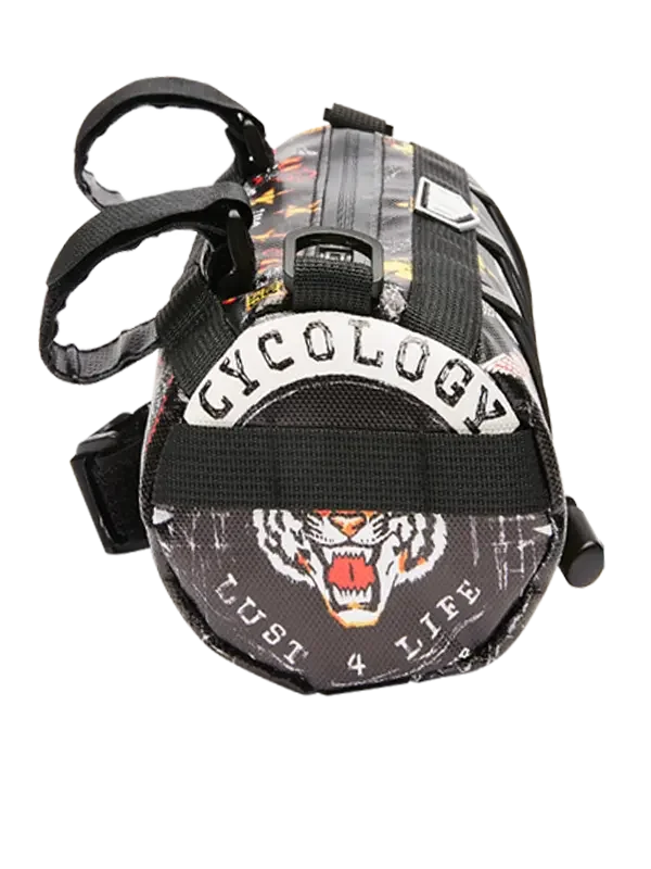 Cycology bike frame bag with tiger graphic, 'Just 4 Life' text, and black straps for cycling gear storage