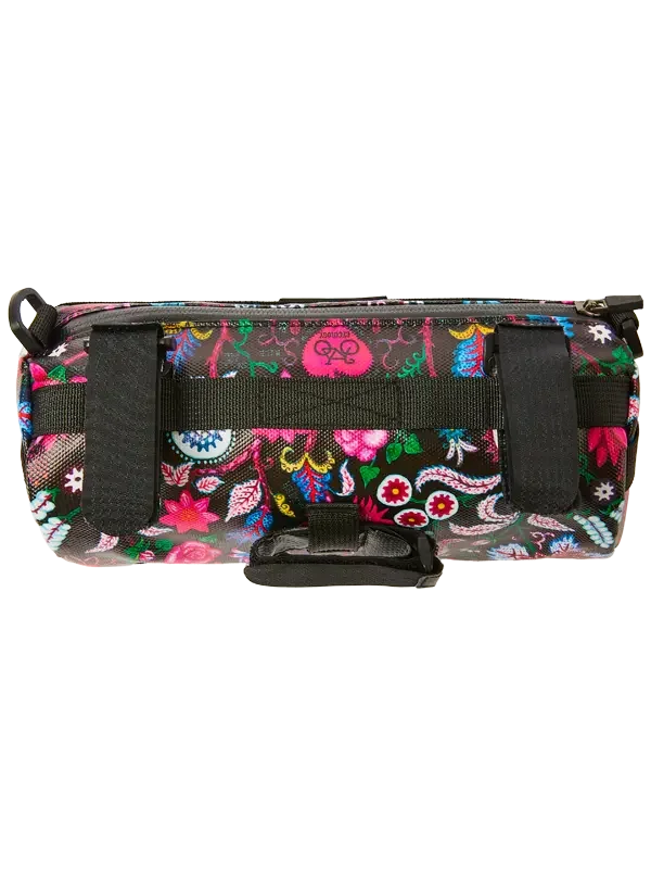 Colorful floral bike frame bag with black straps for cycling gear storage