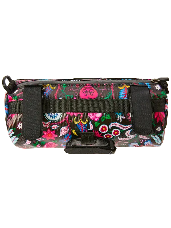 Multicolored floral patterned bike bag with black Velcro straps 