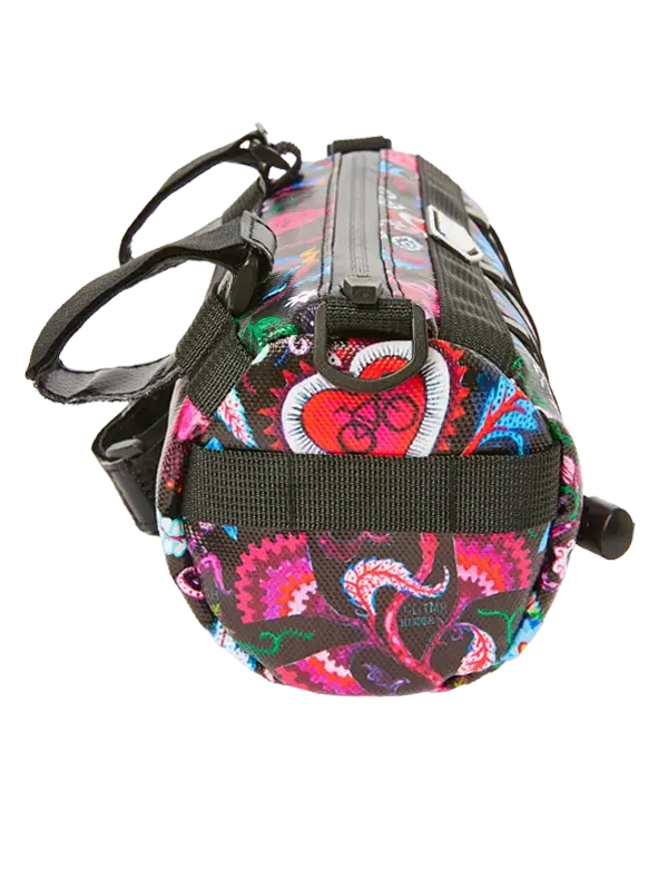 Colorful cycling frame bag with heart and bike print, black straps, and zipper closure