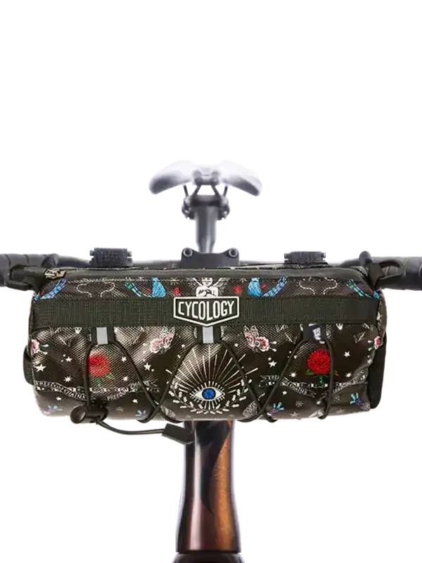 Cycology handlebar bag with mystical print, attached to bike for cycling storage