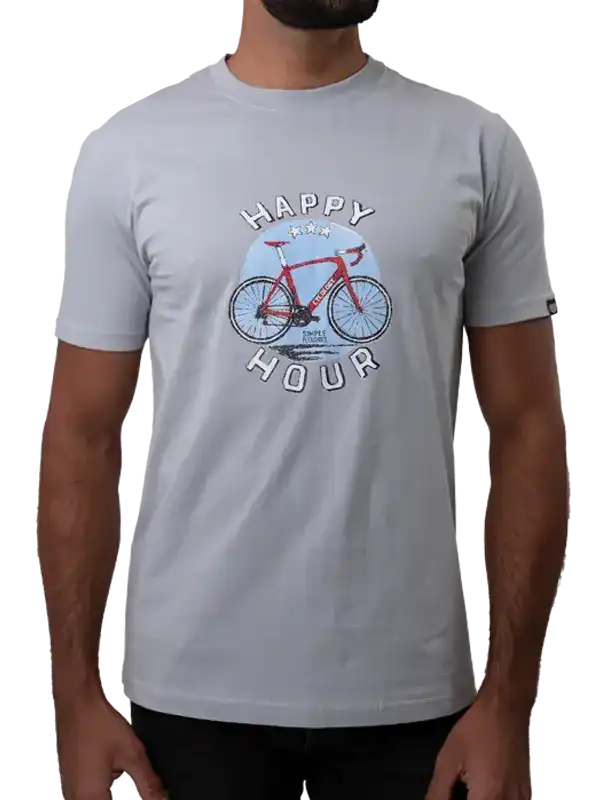Men's cycling t-shirt with 'Happy Hour' graphic and red bike design, ideal for casual or ride wear.
