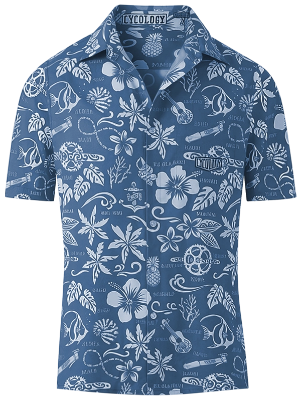 Cycology Men's Blue Gravel Shirt with Hawaiian white floral and nature pattern
