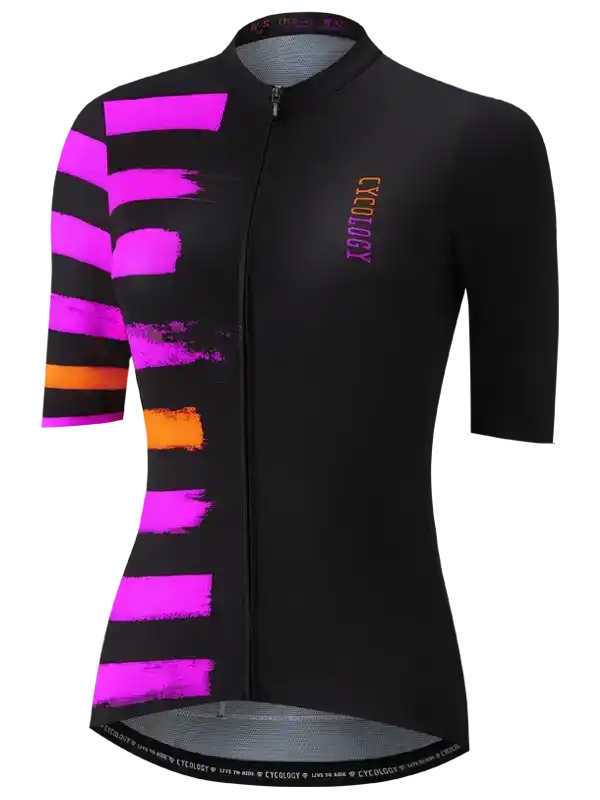 Black women's cycling jersey with vibrant pink and orange brushstroke design, full zip front
