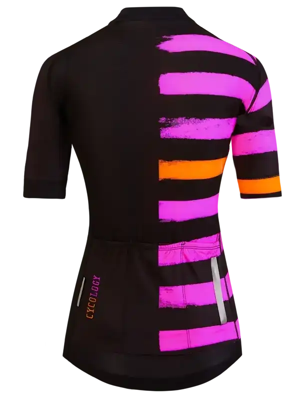 Black women's cycling jersey with pink and orange brushstroke stripes, reflective details, and rear pockets