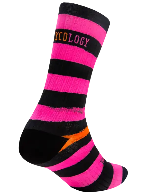 A single crew sock with bold horizontal stripes in hot pink and black, featuring the word 'CYYCOLOGY' in orange and pink near the cuff, and an orange lightning bolt graphic on the side.