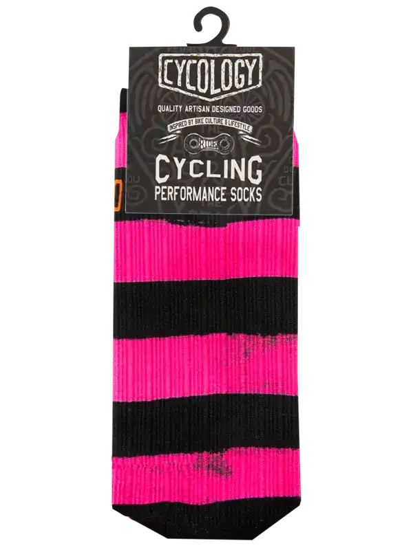 A pair of cycling performance socks by Cycology, featuring bold horizontal stripes in vibrant pink and black, packaged with a black cardboard header card.