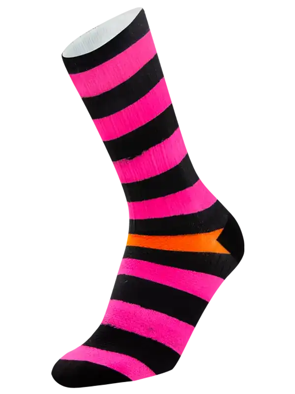 A single cycling sock with bold horizontal stripes in hot pink and black, featuring a bright orange arrow design on the side