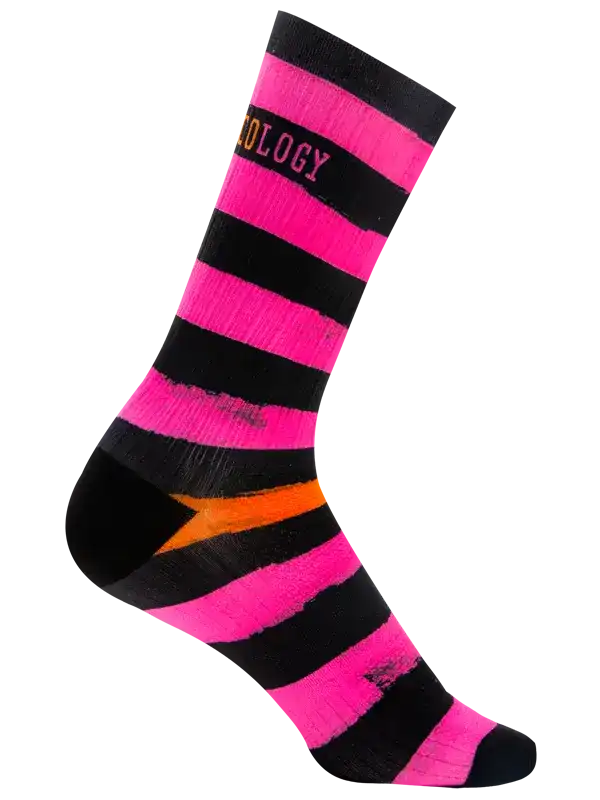 A single crew sock with bold horizontal stripes in hot pink and black, featuring an orange accent near the foot and the word 'CYCOLOGY' in pink on the upper cuff, 