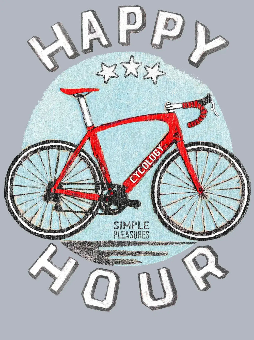 Happy Hour cycling graphic with red road bike, stars, and 'Simple Pleasures' text on light blue background