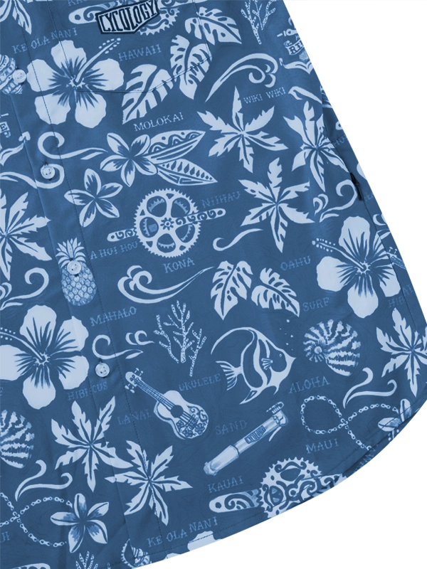 Cycology Men's Blue Gravel Shirt with Hawaiian white floral and nature pattern