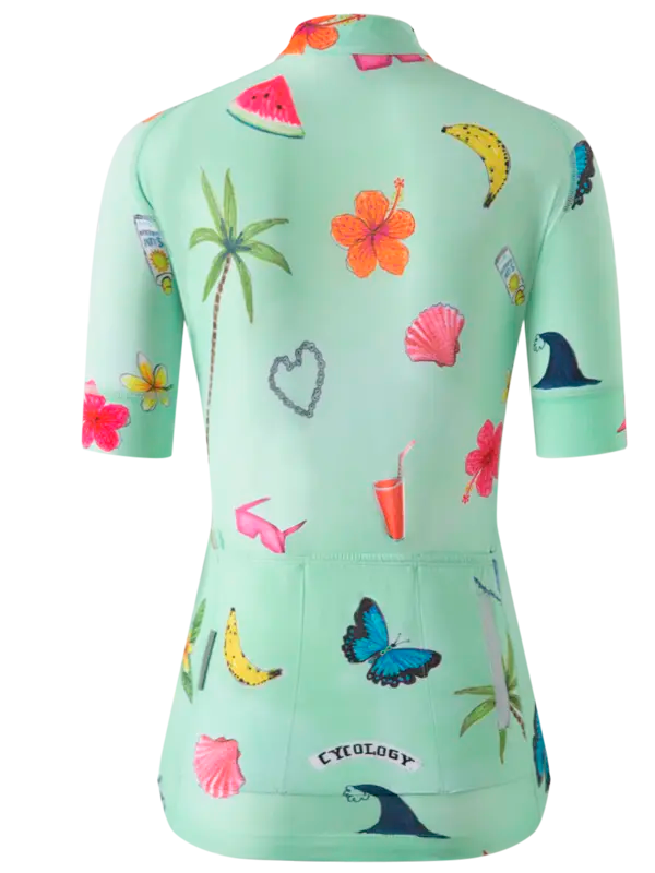 Light green cycling jersey with colorful tropical patterns 