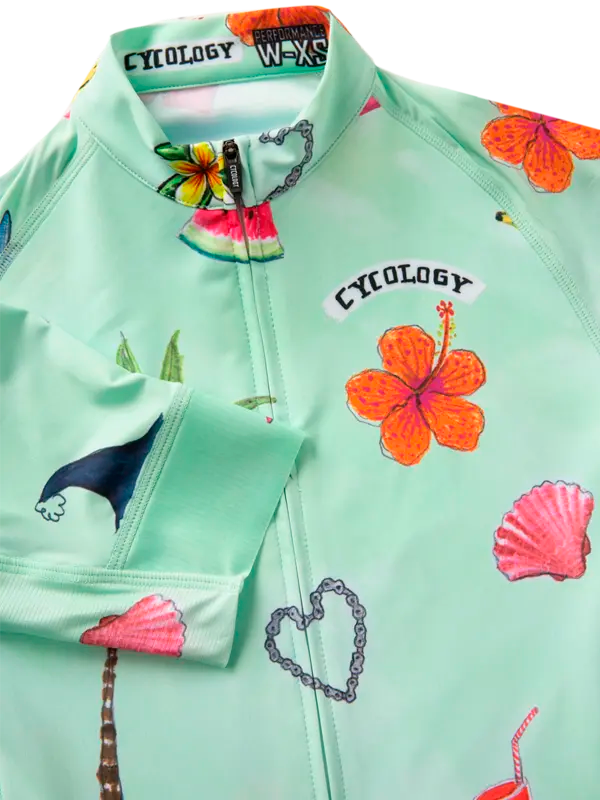 Light green cycling jersey with colorful designs and 'Cycology' branding.