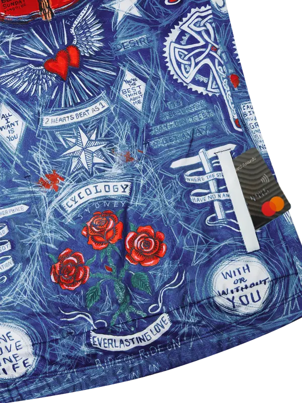 Close-up of a blue fabric with red roses and white text on a blue  background
