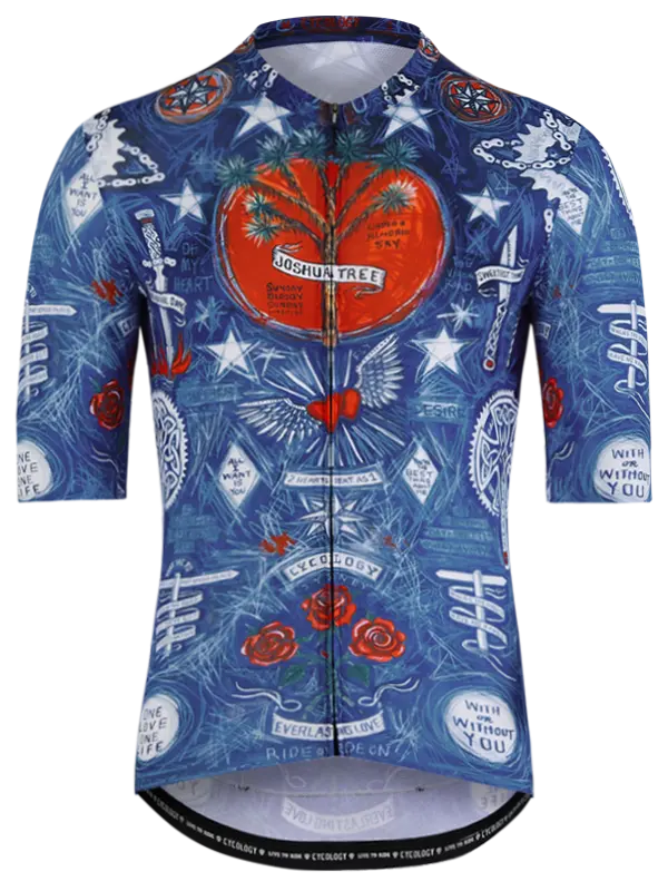Men's Cycling jersey with colorful design on a blue background