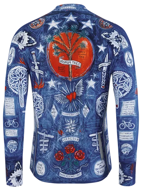 Men's cycling jersey with artistic Joshua Tree design, stars, roses, and bike motifs on blue fabric