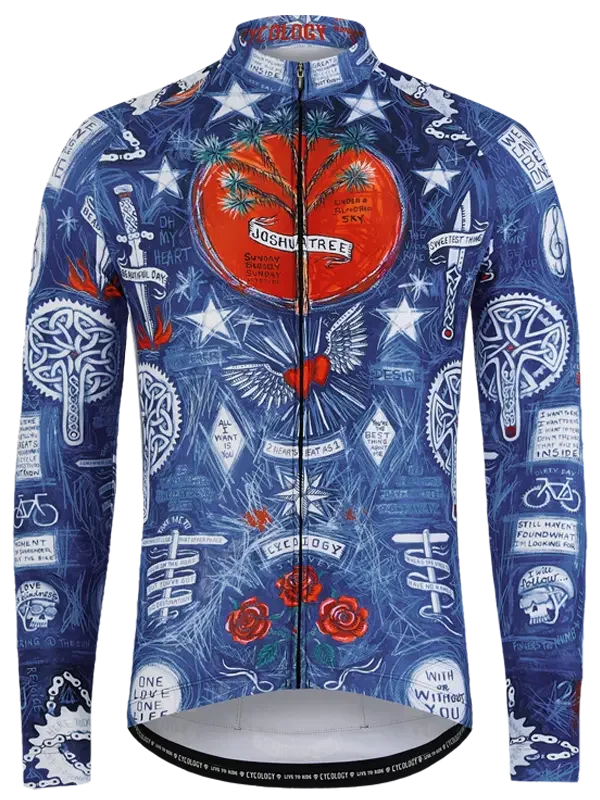 Men's cycling jersey with blue tattoo-style print, red heart, roses, and stars for road biking