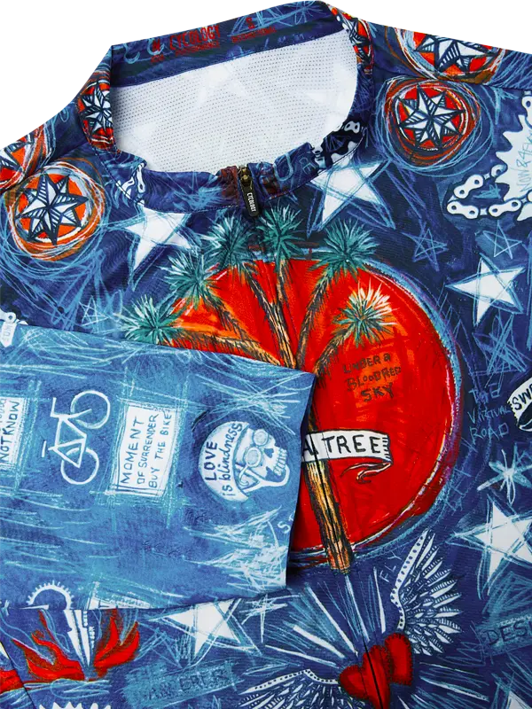 Men's Cycling jersey with colorful design on a blue background