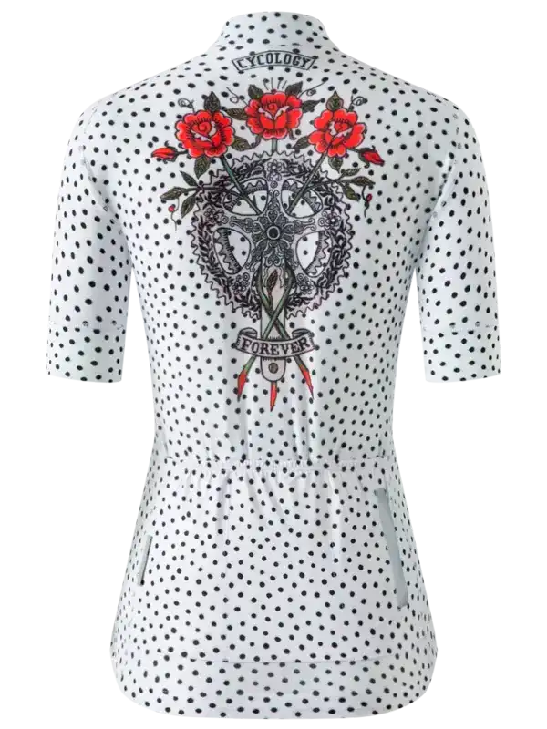 Women's cycling jersey with polka dots, red roses, and gear design, featuring 'Forever' banner