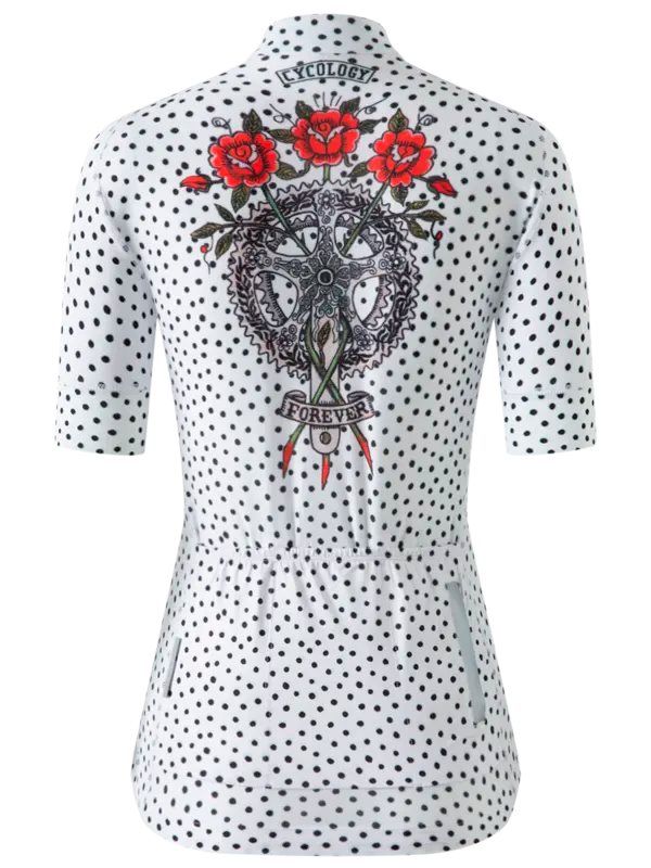 White polka dot cycling jersey with red roses and black cross design on a white background