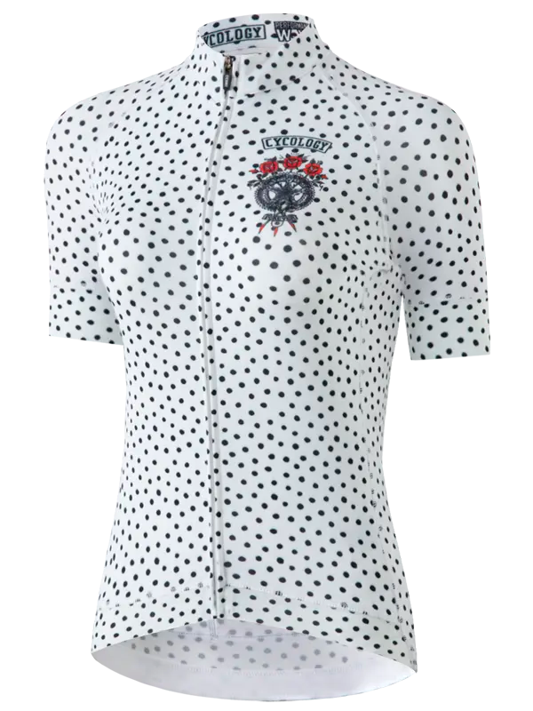 White cycling jersey with black polka dot pattern and brand logo on a white background