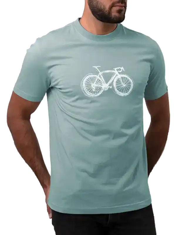 Men's cycling t-shirt with white bike graphic, light blue fabric, casual fit for bike lovers