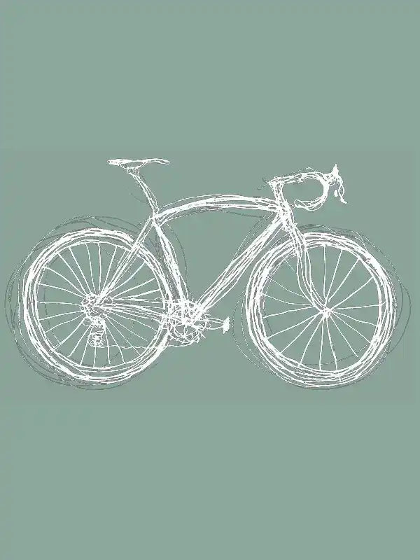 White sketch-style road bike on mint green background, ideal for cycling apparel design