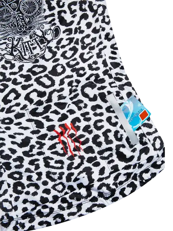 Women's cycling jersey with black and white leopard print, red graphic, and rear pocket detail