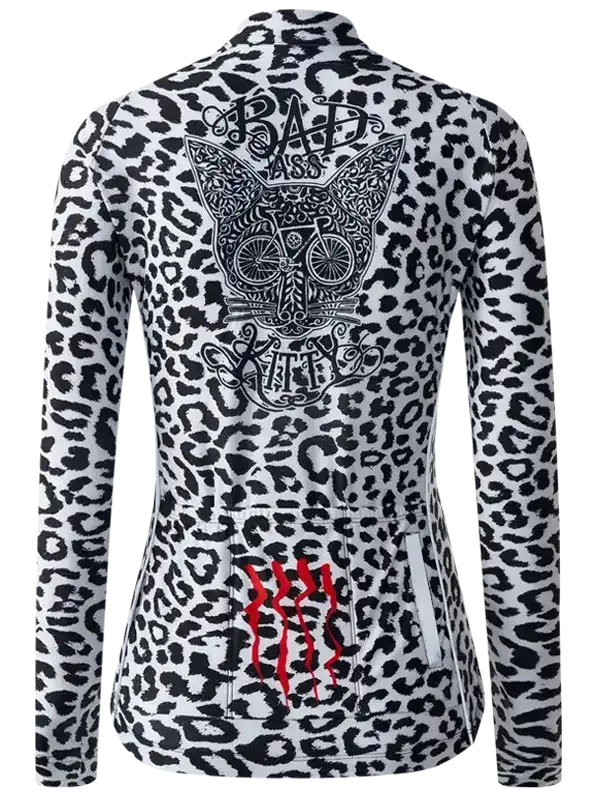 Leopard print cycling jersey with 'Bad Ass Kitty' graphic and red claw marks design