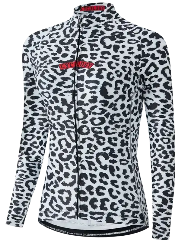 Women's long sleeve cycling jersey with black and white leopard print, full zip, and red logo