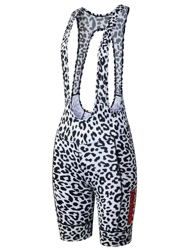 Women's leopard print cycling bib shorts with red logo, high-performance fabric