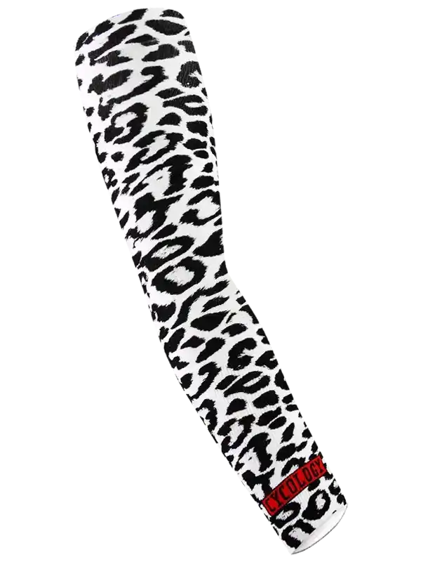 Black and white leopard print cycling arm warmer with red logo, stylish and functional for riders