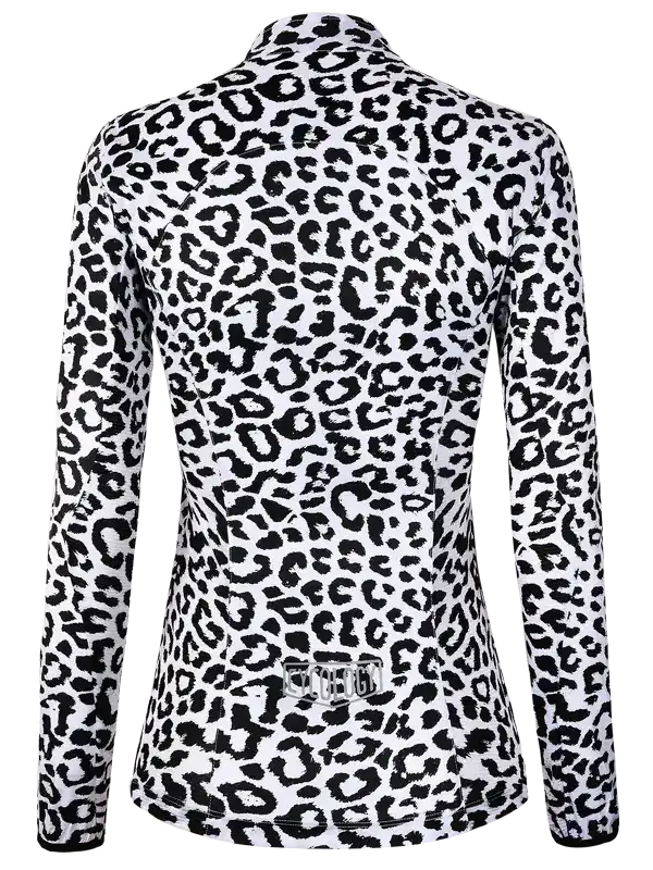 Women's black and white leopard print cycling jersey with long sleeves and rear pocket