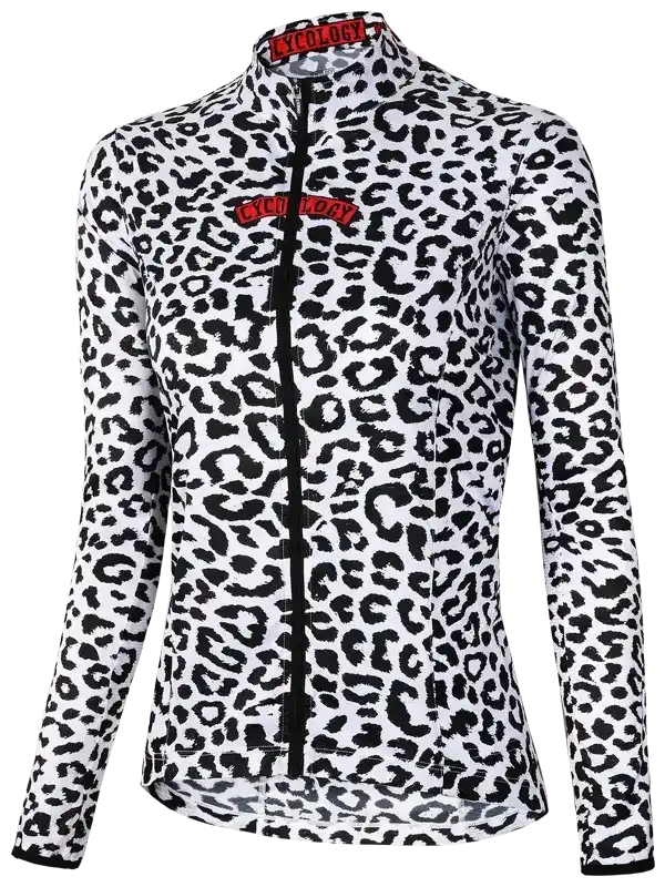 Women's long sleeve cycling jersey with black and white leopard print, full zip, and red logo