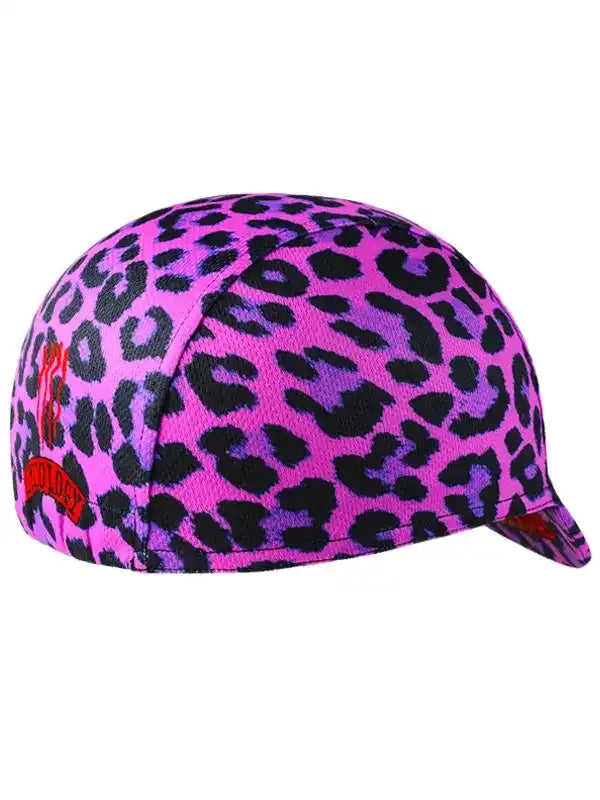 Pink leopard print cycling cap with black spots, stylish women's bike headwear for road rides