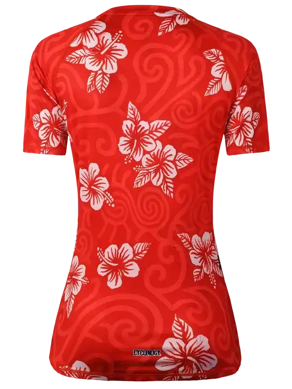 Red women's cycling jersey with white hibiscus floral pattern and swirl design, ideal for summer rides.