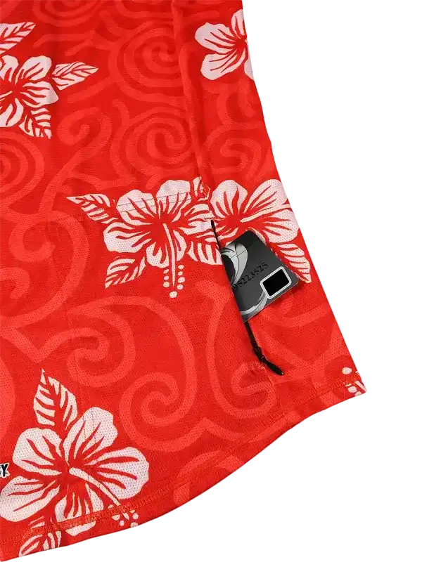 Red cycling jersey with white hibiscus flowers and swirl pattern, featuring rear pocket