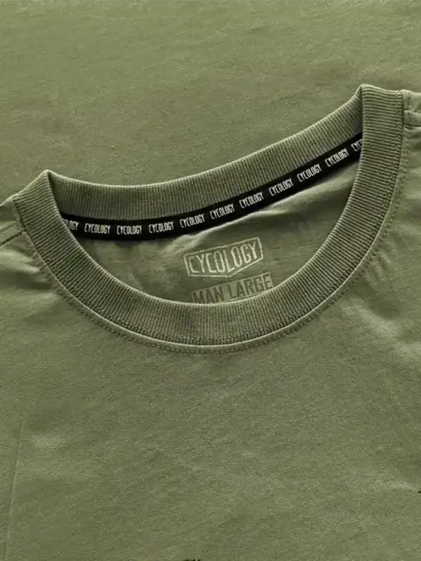 Olive green men's cycling t-shirt with branded neck tape and size label, ideal for active wear