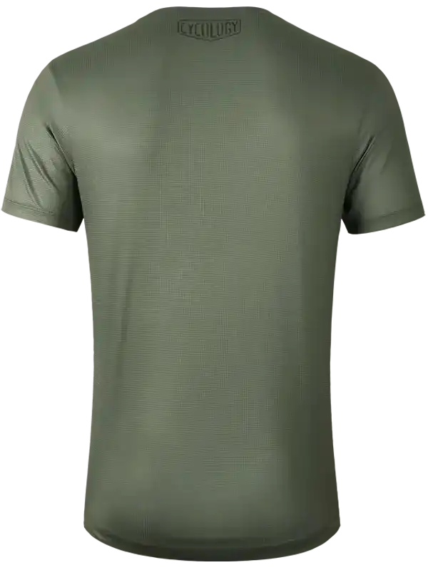 Olive green men's cycling jersey with subtle texture and back logo, ideal for road biking comfort.