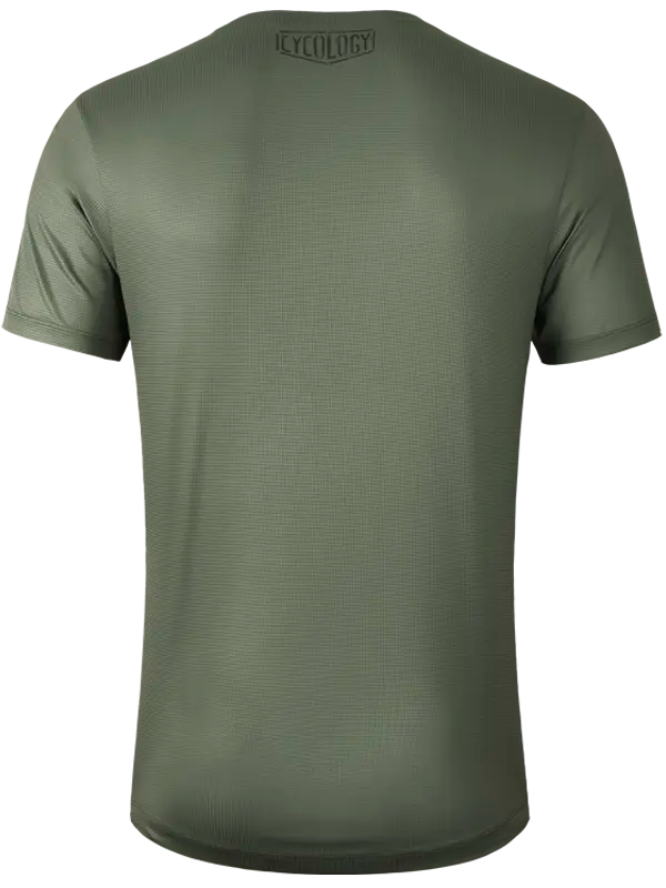 Green t-shirt with a brand logo on the back 