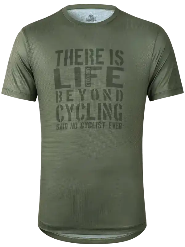 Olive green men's cycling jersey with bold 'There Is Life Beyond Cycling' print, breathable fabric design