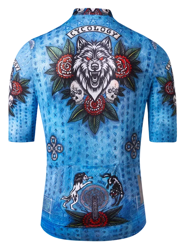 Blue cycling jersey with wolf and floral design on a white background