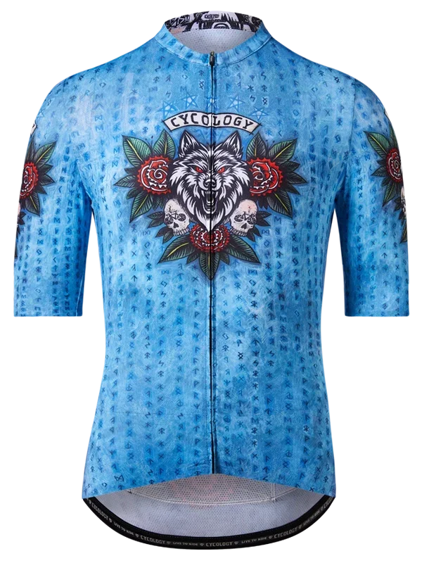 Blue cycling jersey with wolf and rose design on a white background