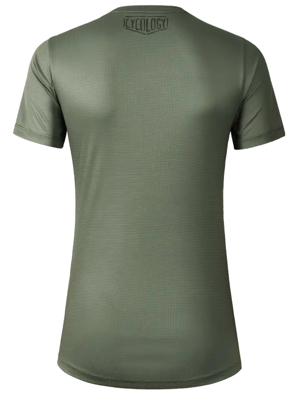 Green t-shirt with a brand logo on the back