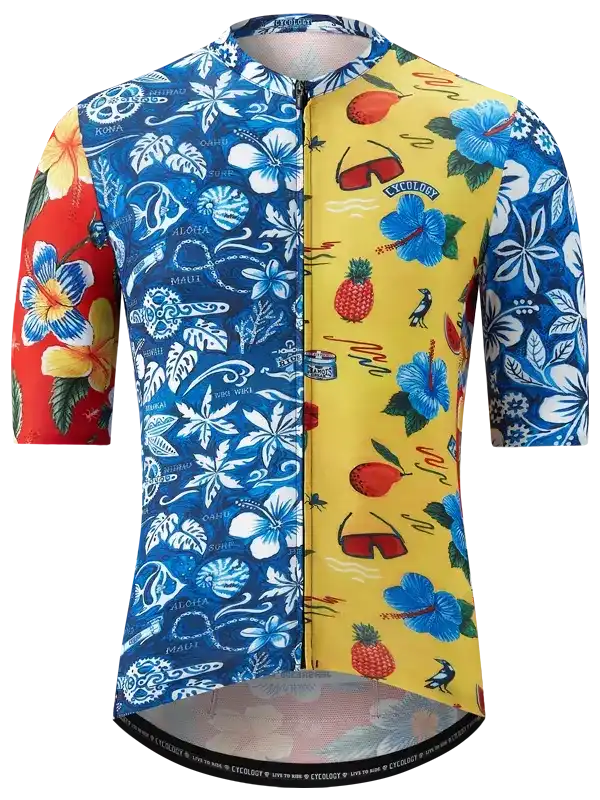Men's tropical print cycling jersey with blue, yellow, red panels, hibiscus, pineapple, surf graphics