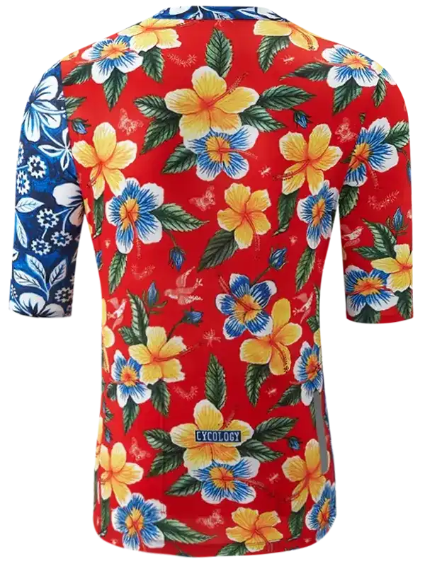 Men's red cycling jersey with tropical hibiscus print and blue floral sleeves, ideal for summer rides